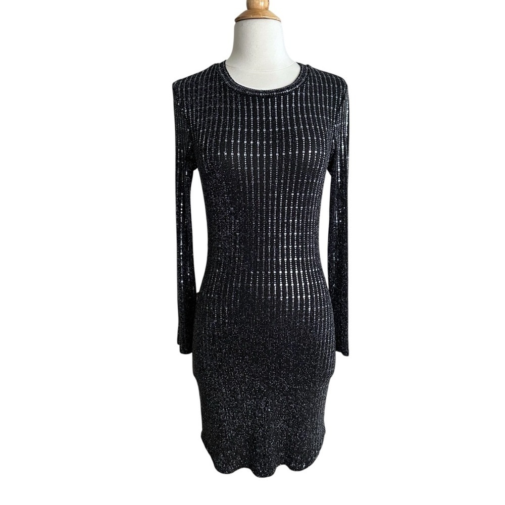 B. DARLIN Black‎ Metallic Y2K Glam Bodycon Mini Dress Long Sleeve Party Medium